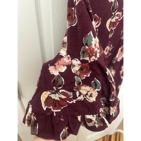 Women ladies short ruffle sleeve maroon red floral top shirt - Picture 5 of 6